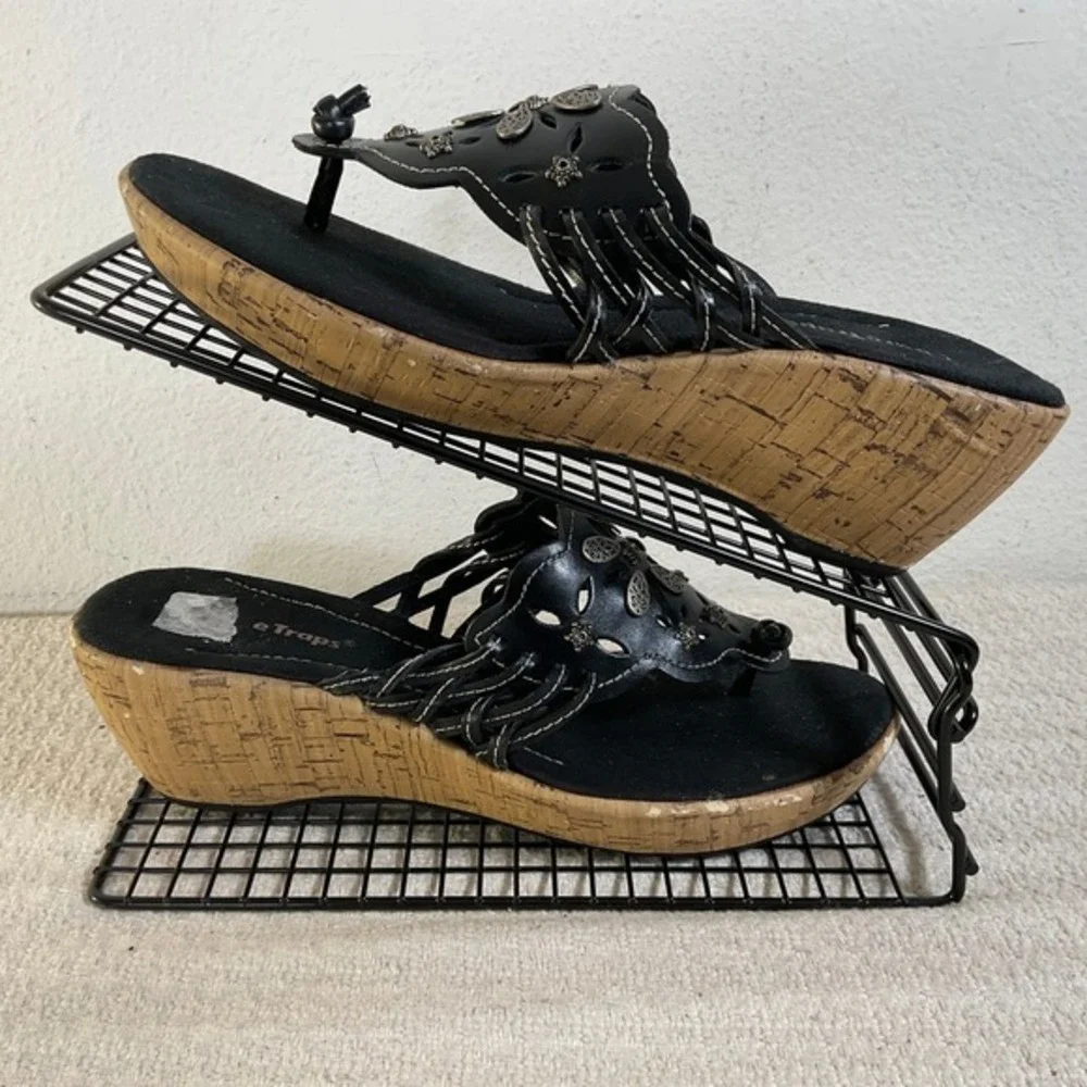 BareTraps Italicize Black Leather Floral Cutout Cork Wedge‎ Sandals Womens 10M